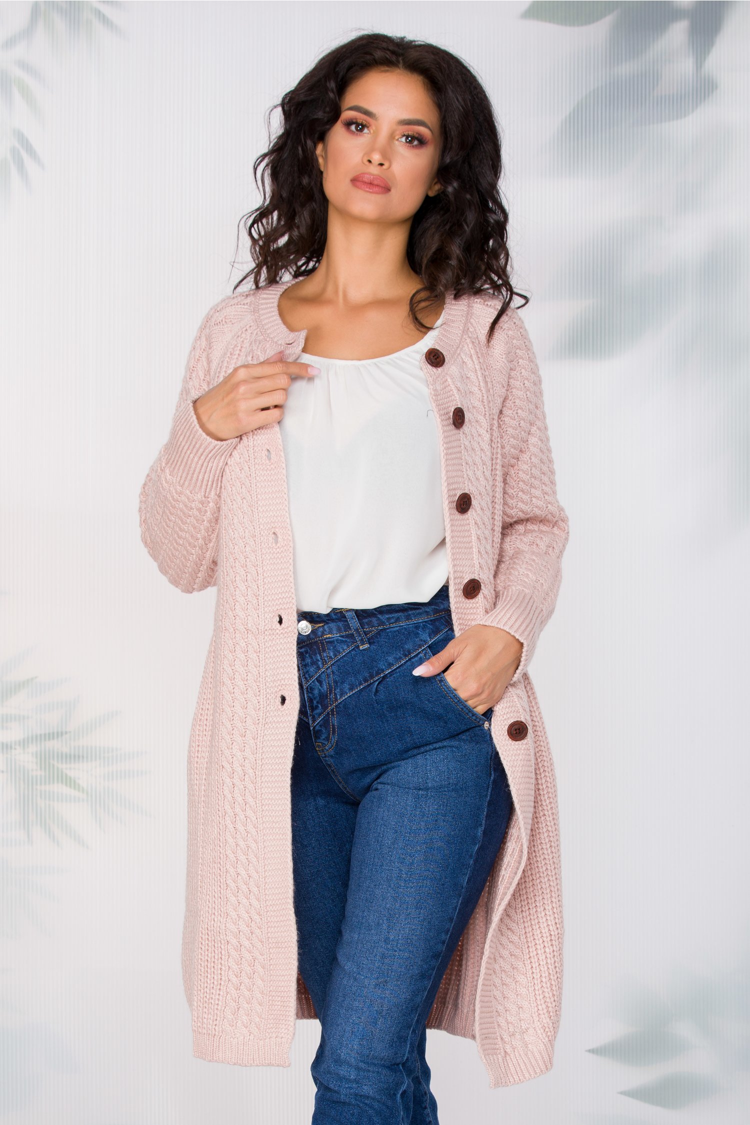 Cardigan Elena roz cu buzunare discrete