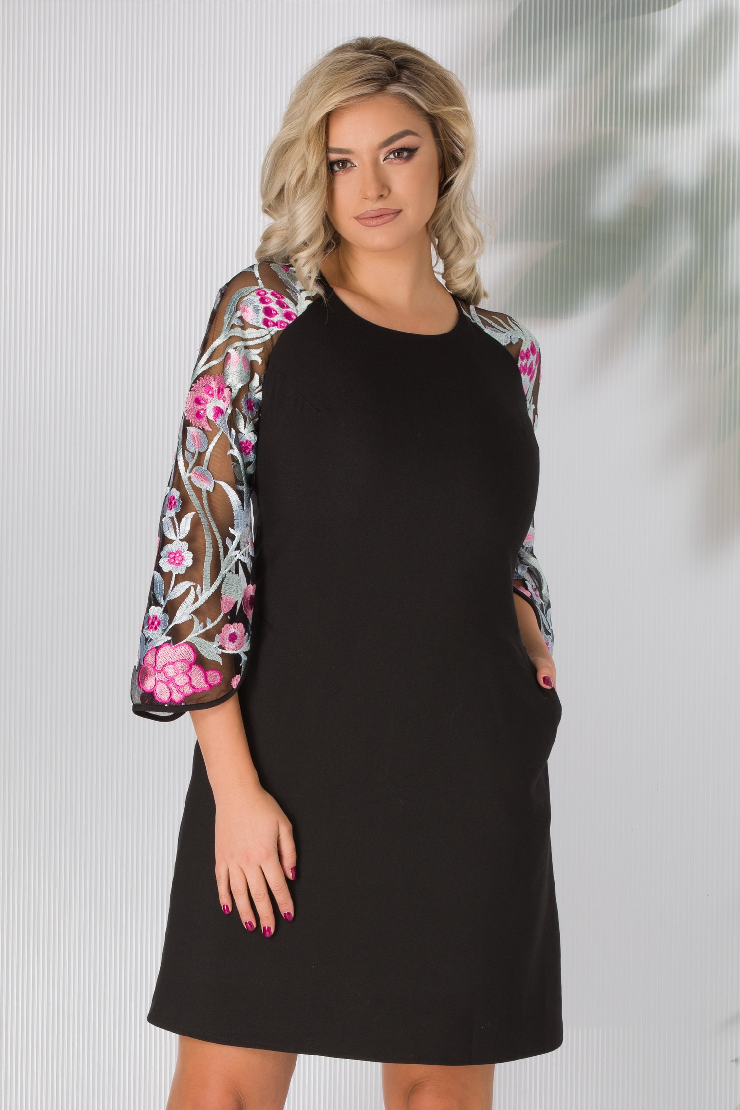 Rochie Andreia neagra cu maneci din tull si broderie roz - Rochii