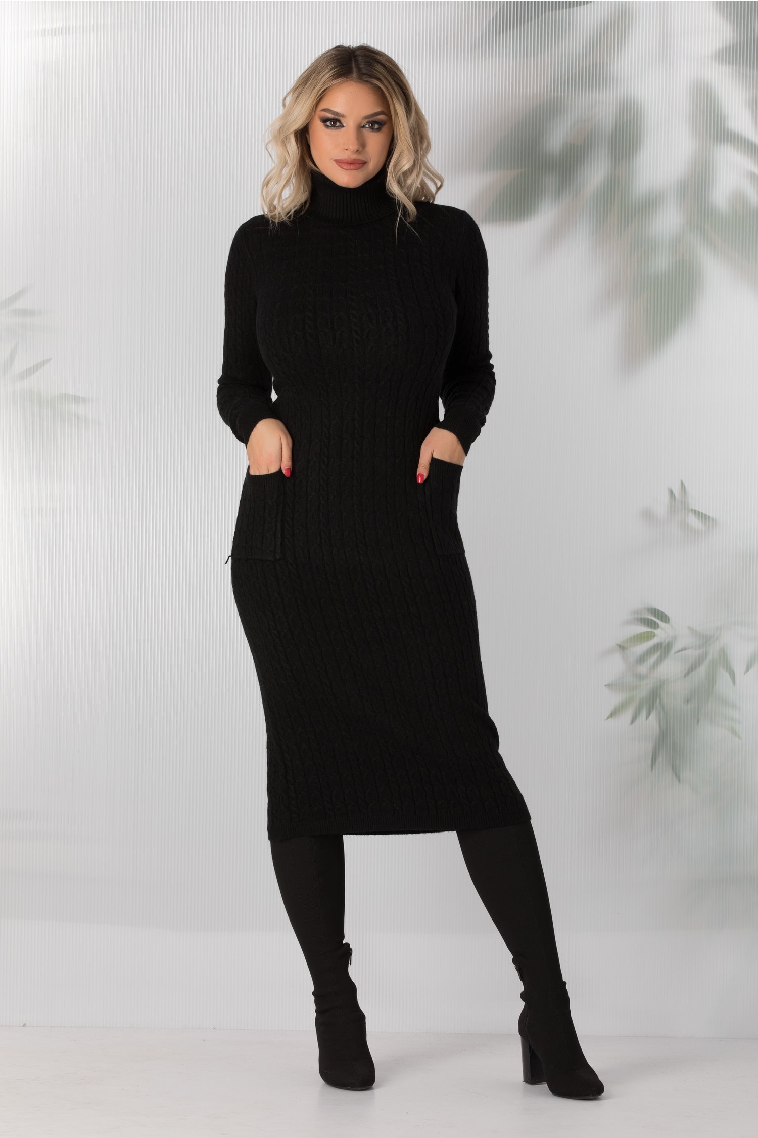 Rochie Elena neagra din tricot cu buzunare