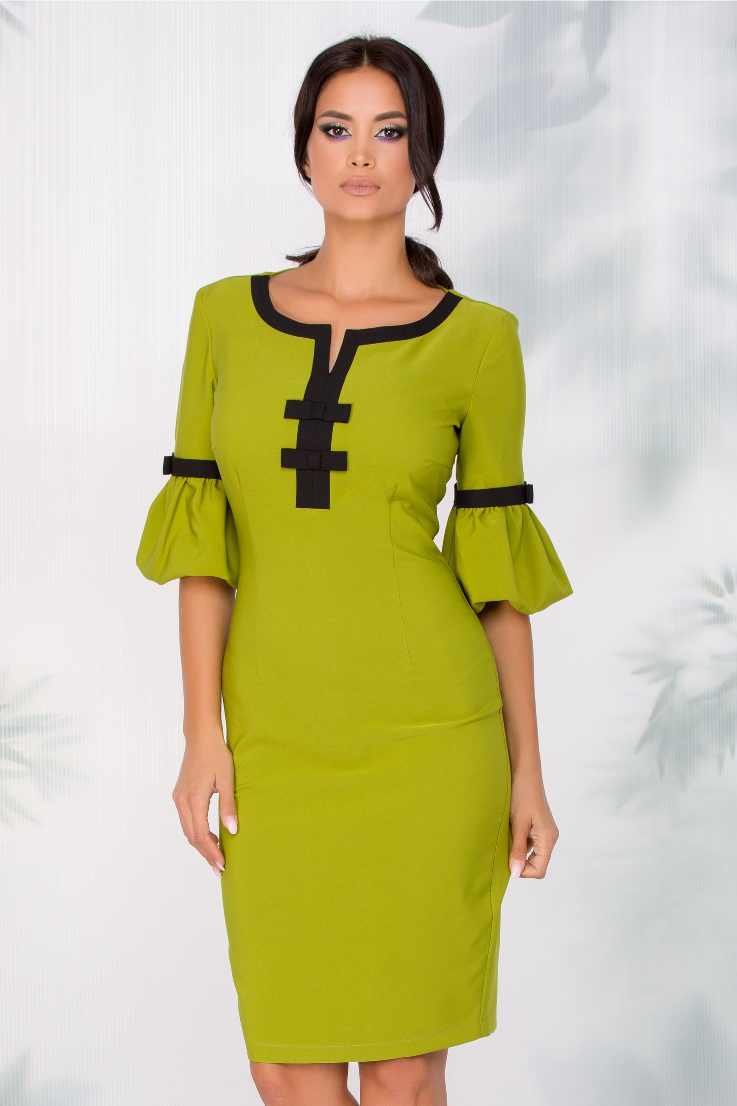 Rochie LaDonna conica verde lime cu fundite la bust si maneci bufante