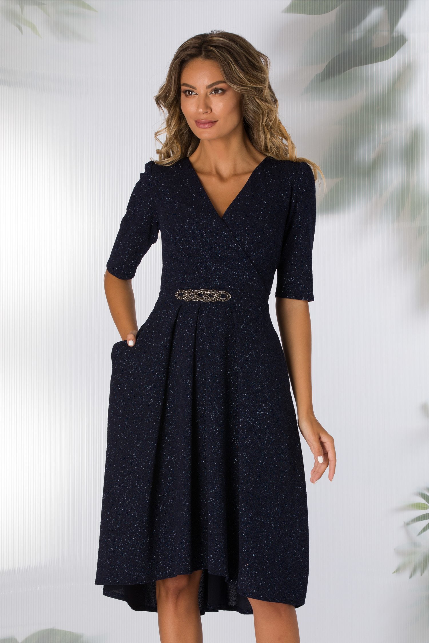 Rochie Moze bleumarin cu glitter stralucitor si accesoriu in talie - Rochii