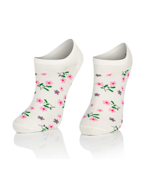 Sosete scurte ecru cu flori roz intenso 013 wz42