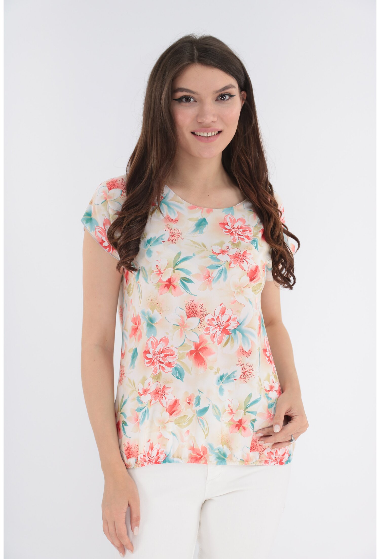 Bluza cu flori corai si turcoaz