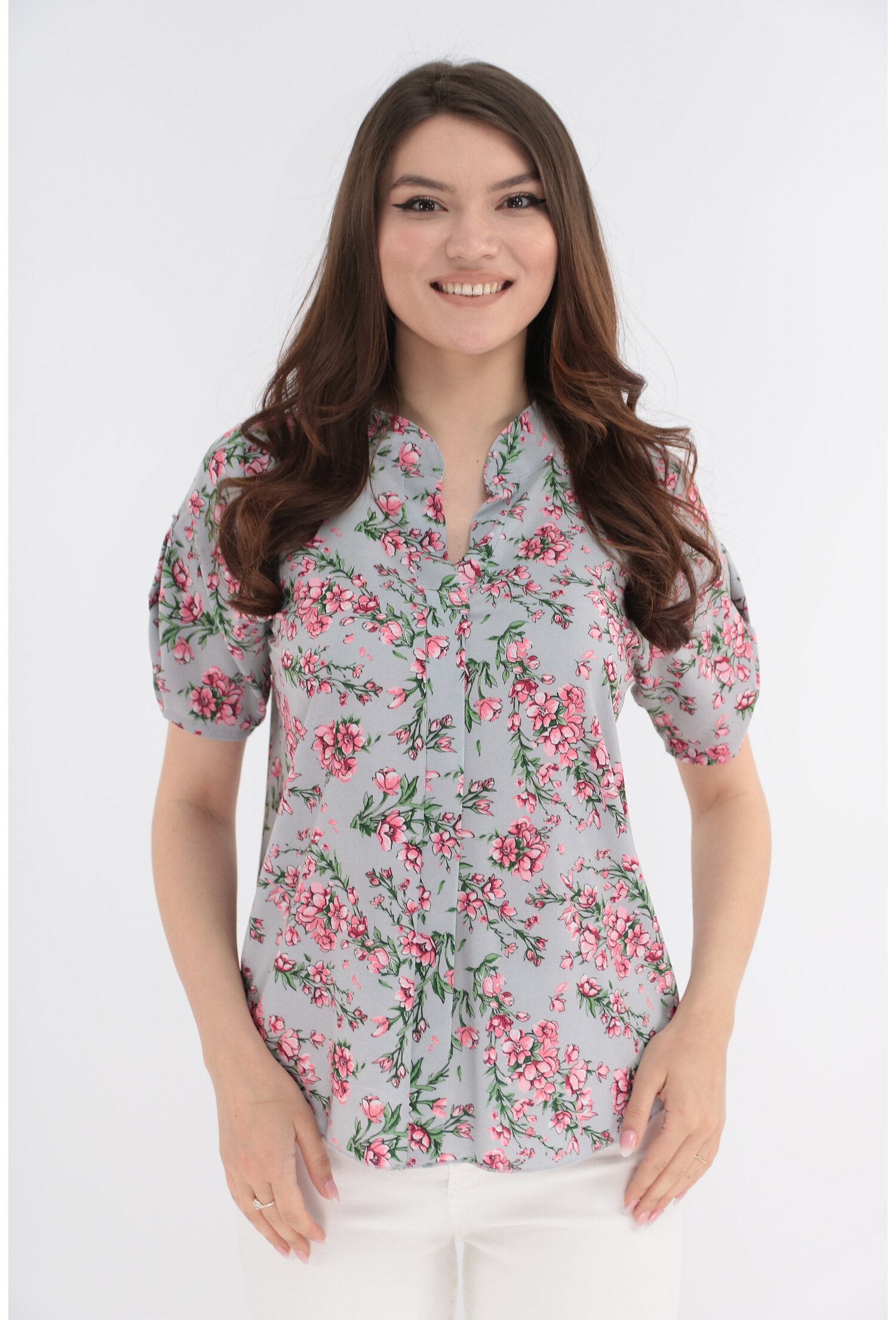 Bluza gri cu print floral roz