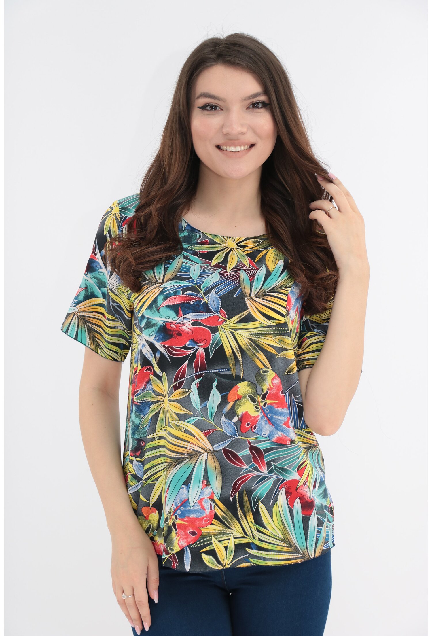 Bluza gri inchis cu print tropical