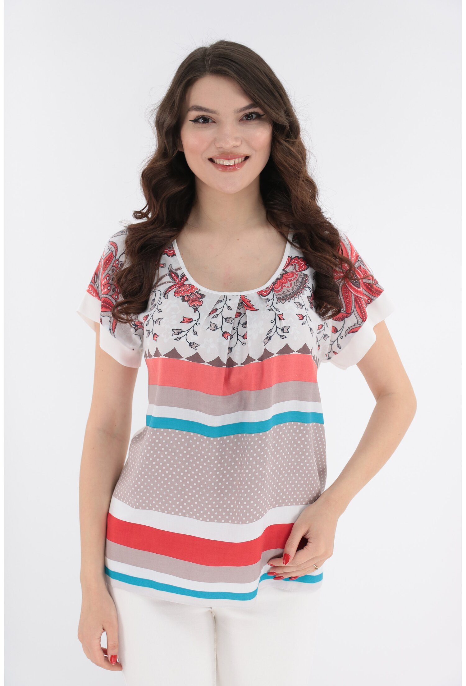 Bluza lejera alba din bumbac cu print corai-bleu