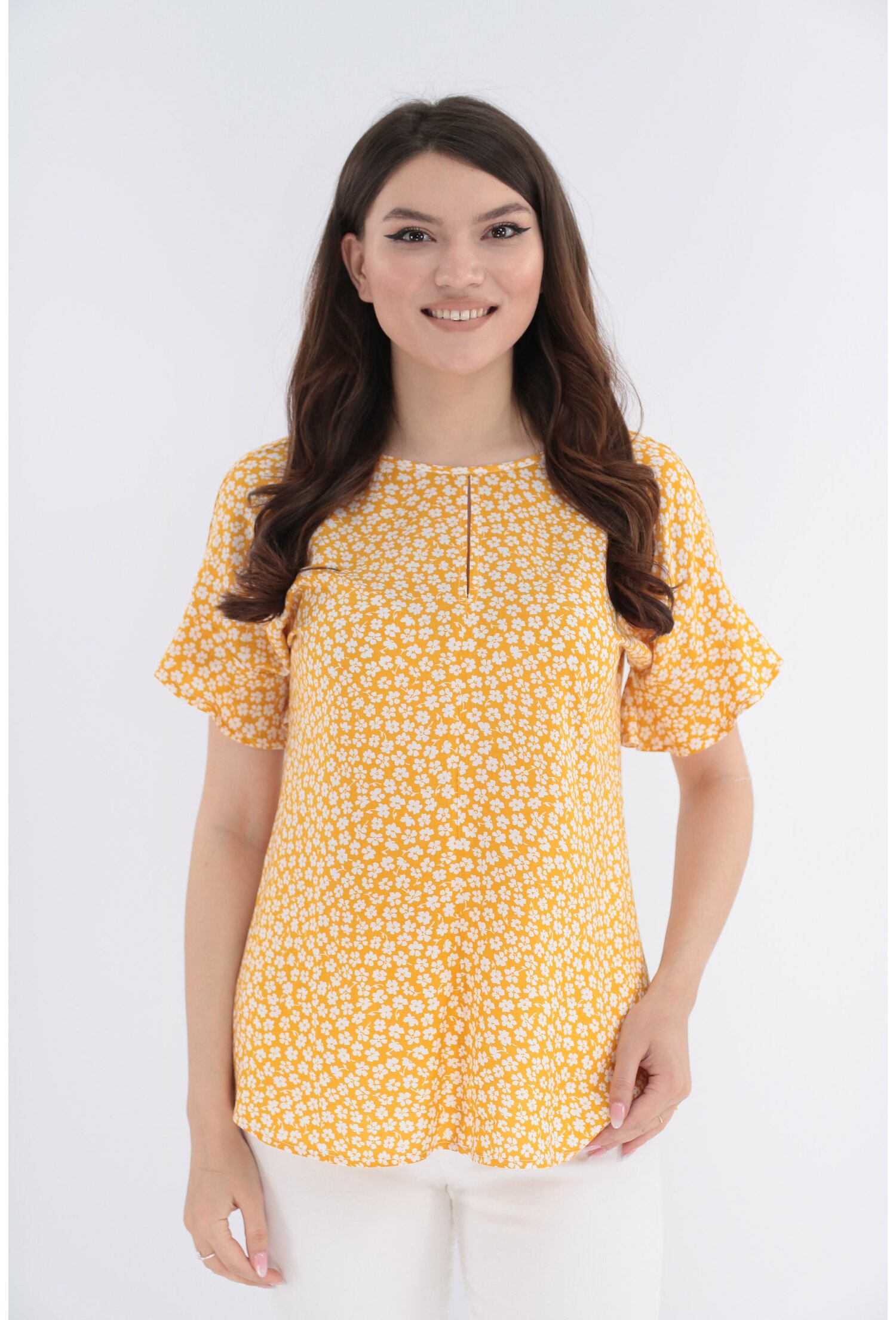 Bluza mustar din vascoza cu print floral alb