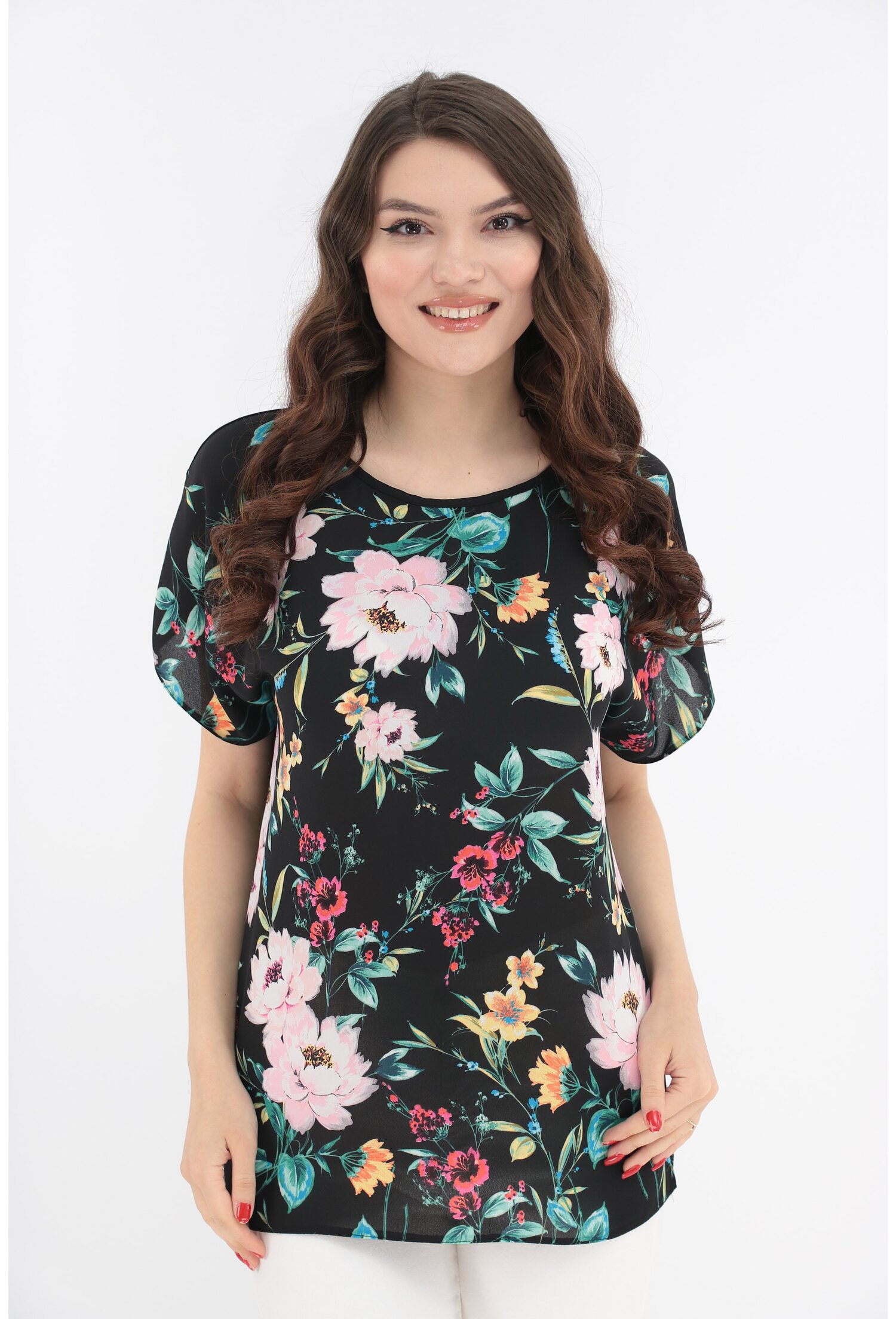 Bluza neagra cu imprimeu floral roz maxi