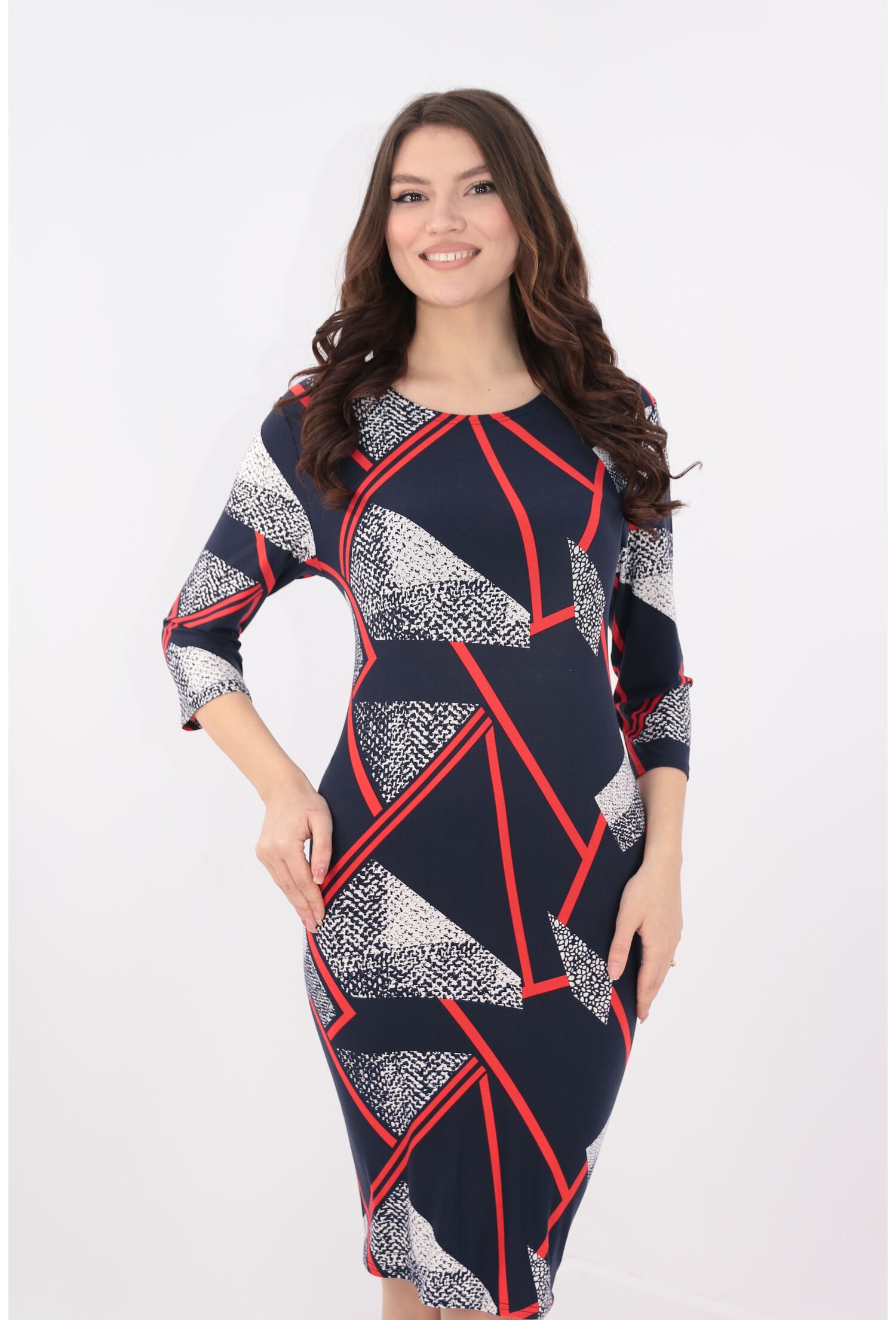 Rochie bleumarin cu imprimeu geometric maxi rosu-alb