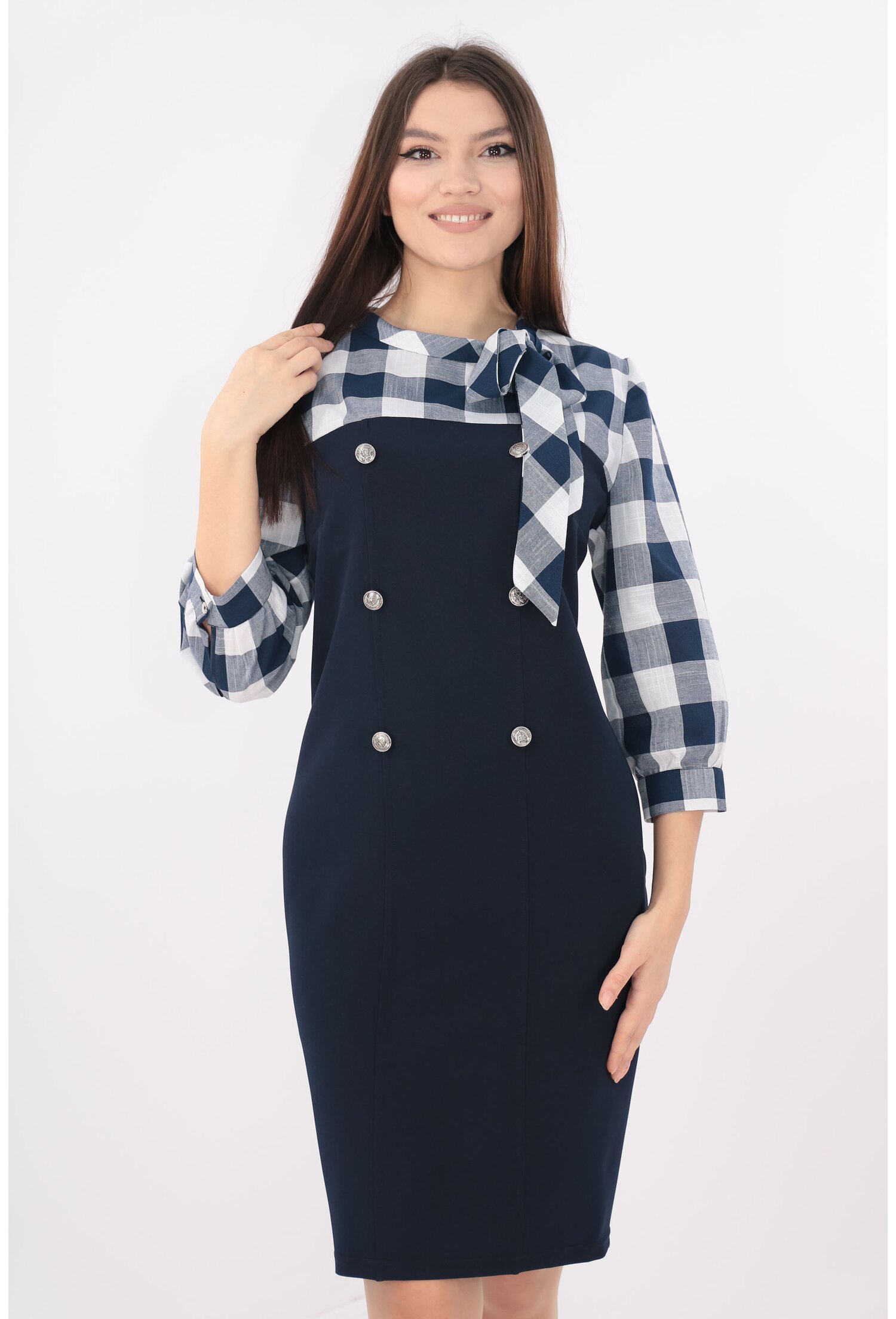 Rochie bleumarin cu nasturi argintii si funda