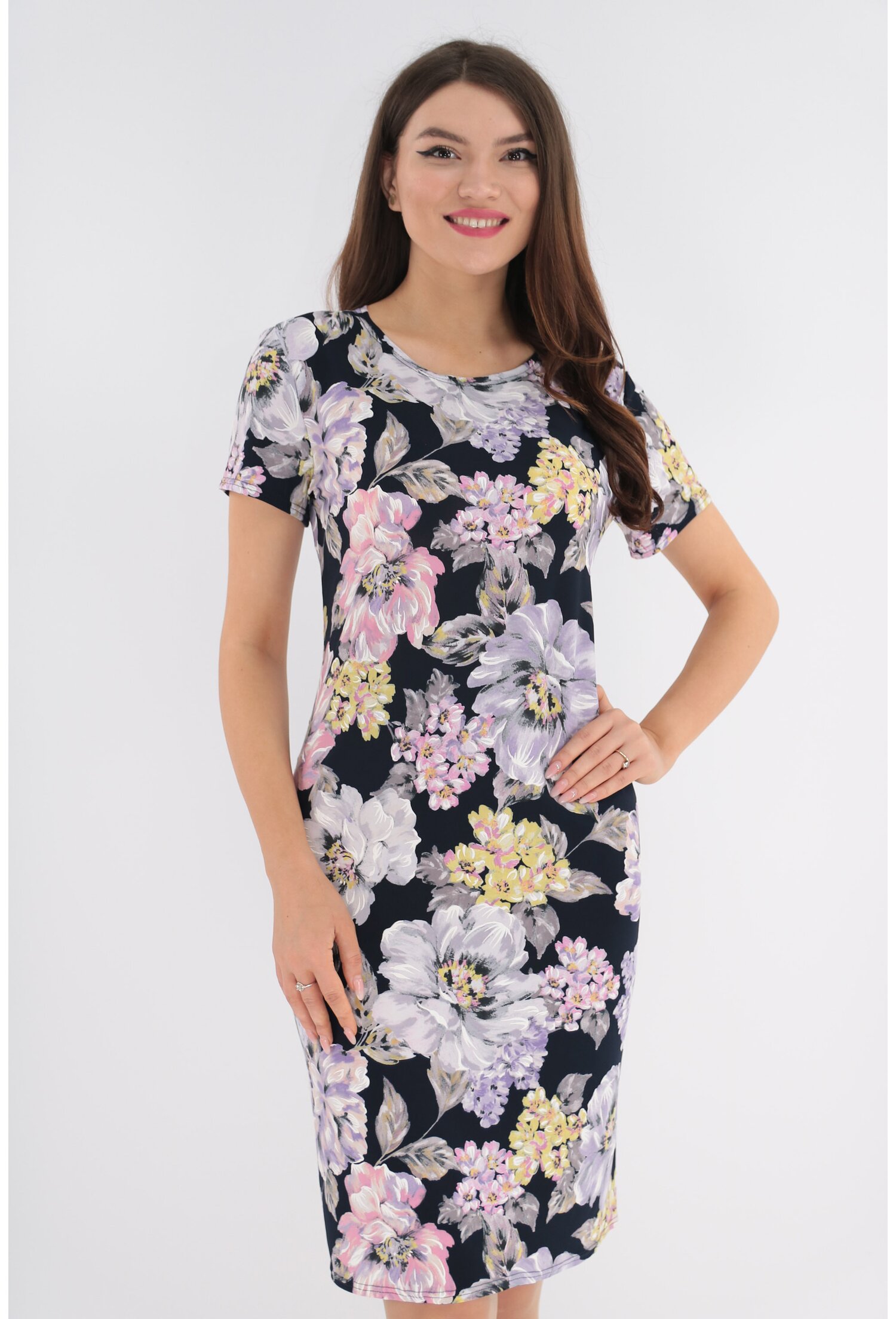 Rochie bleumarin cu print floral maxi lila
