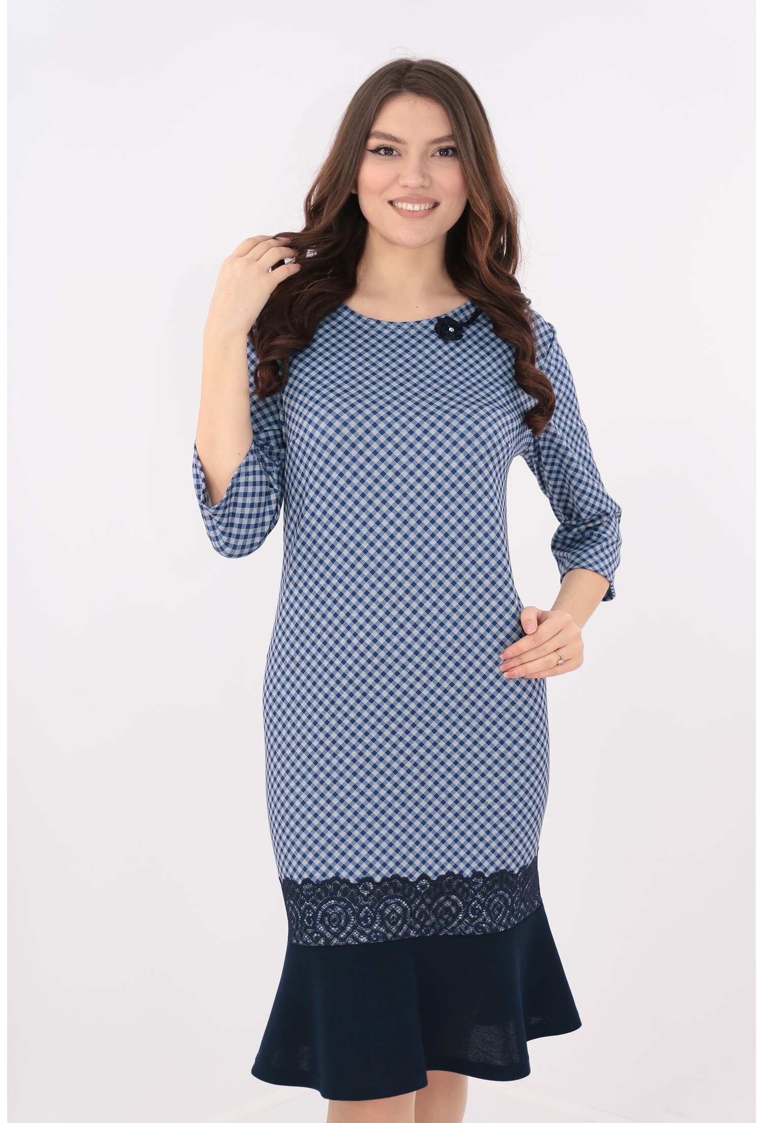 Rochie bleumarin cu print in carouri si volan bleumarin