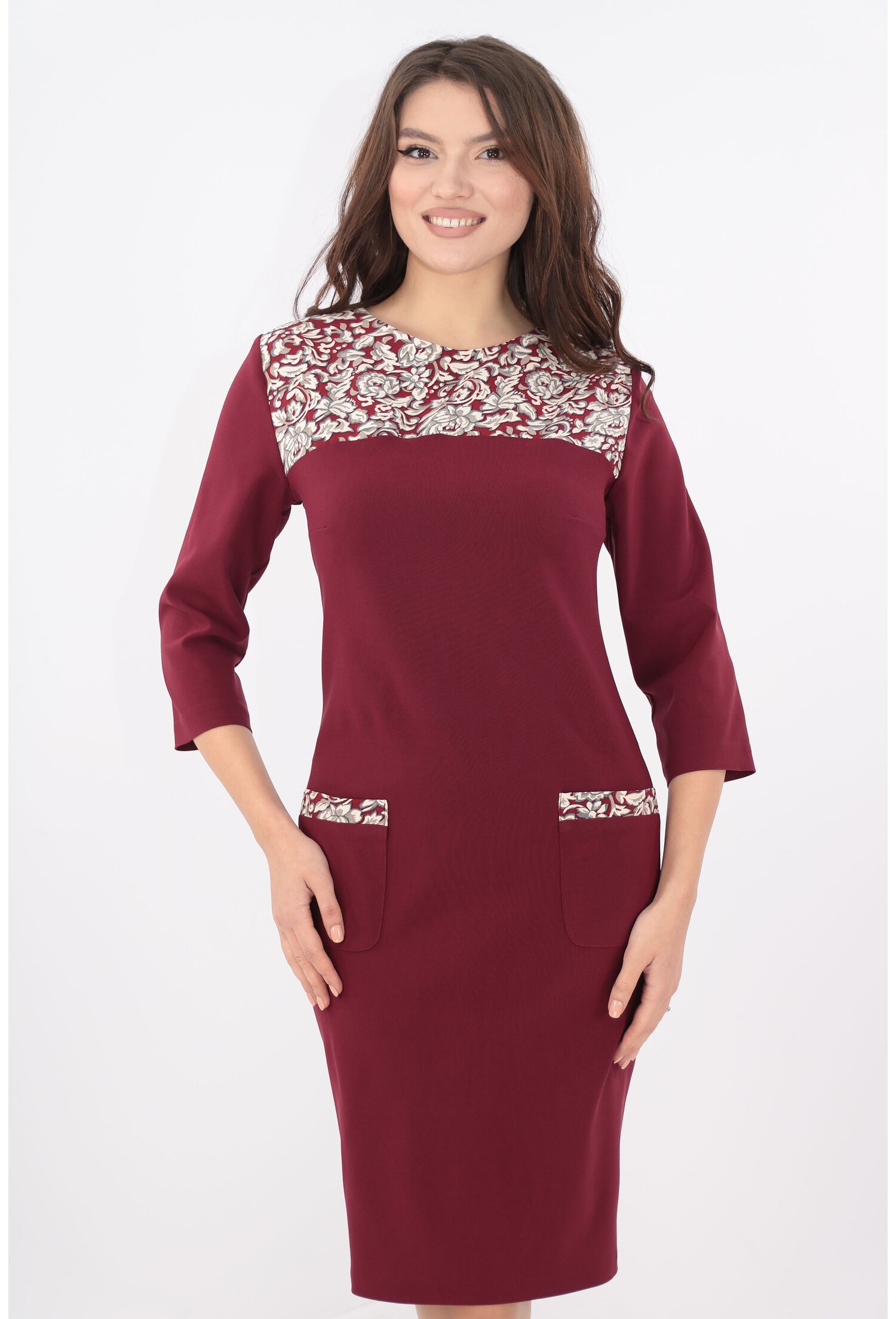 Rochie bordo cu platca cu desen floral crem
