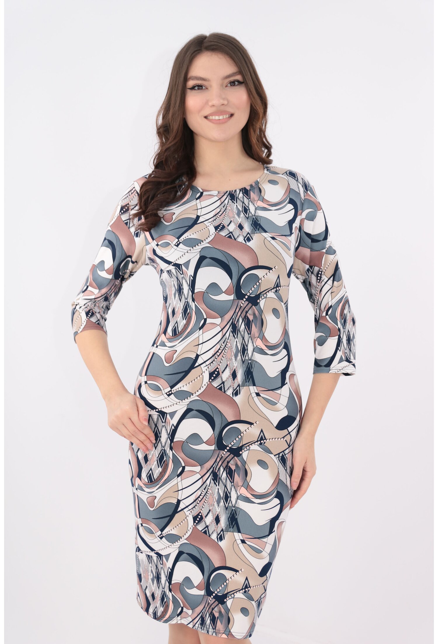 Rochie cu imprimeu abstract gri-bej
