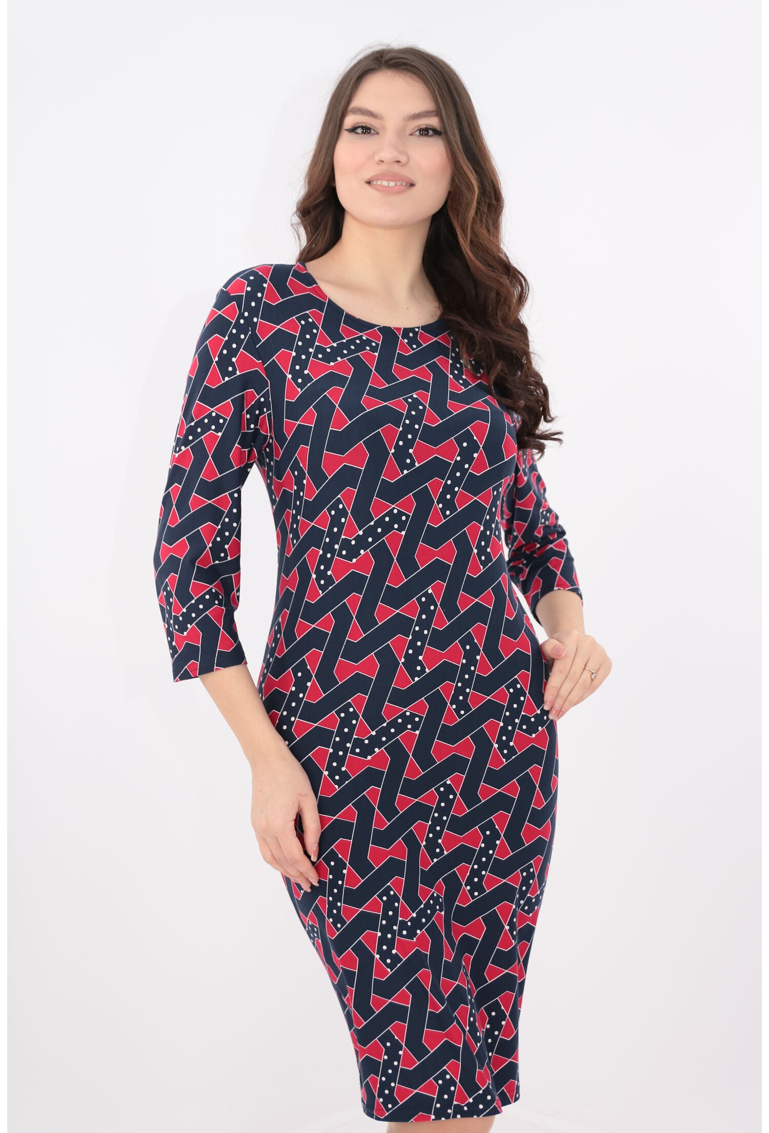 Rochie cu imprimeu abstract rosu-bleumarin