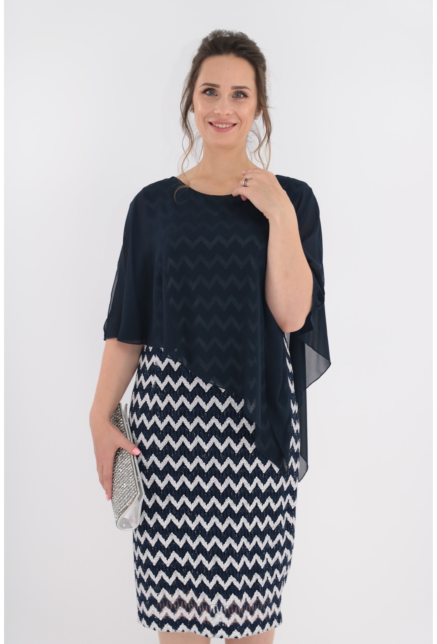 Rochie de ocazie din dantela cu pelerina asimetrica bleumarin