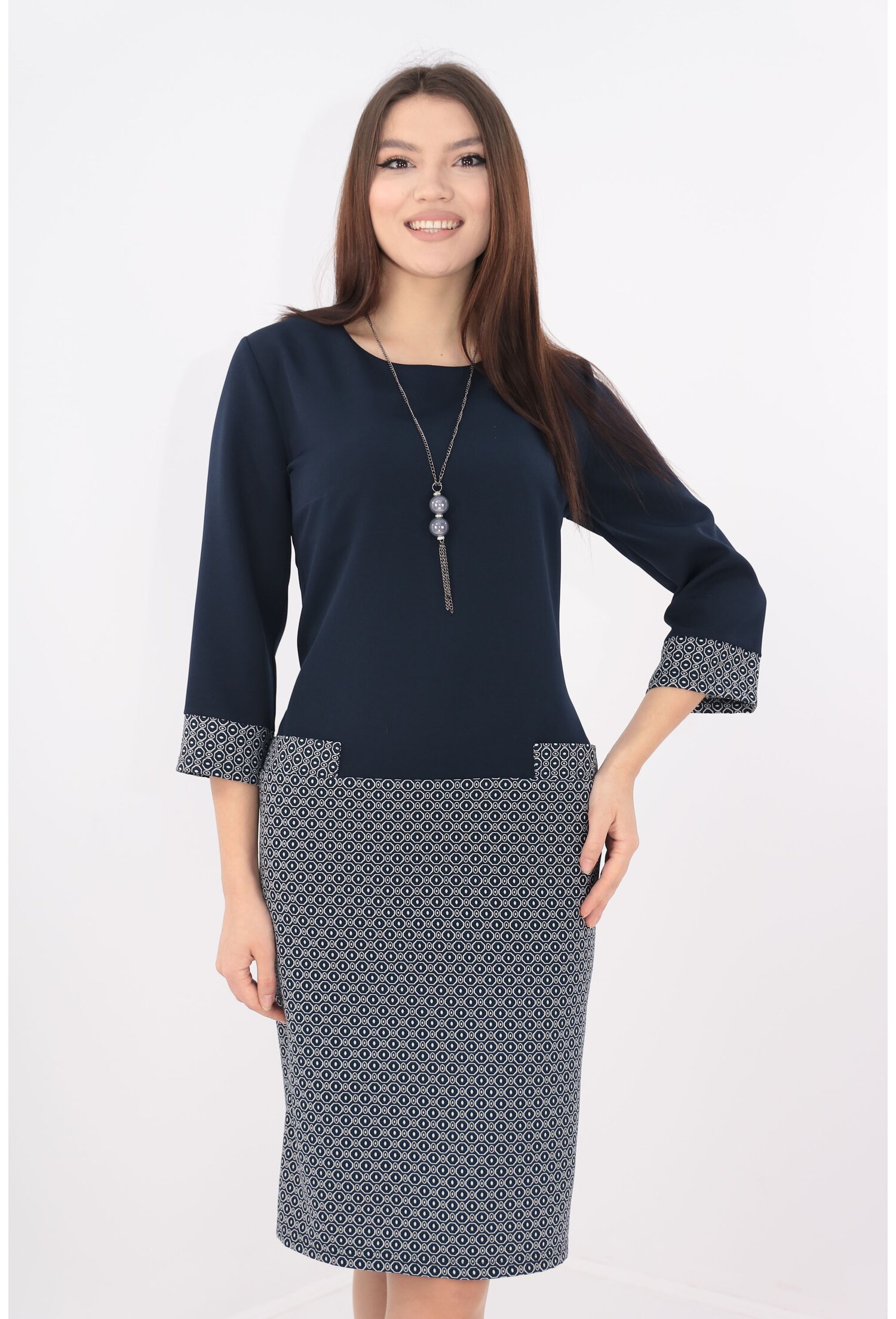 Rochie din stofa bleumarin cu print geometric