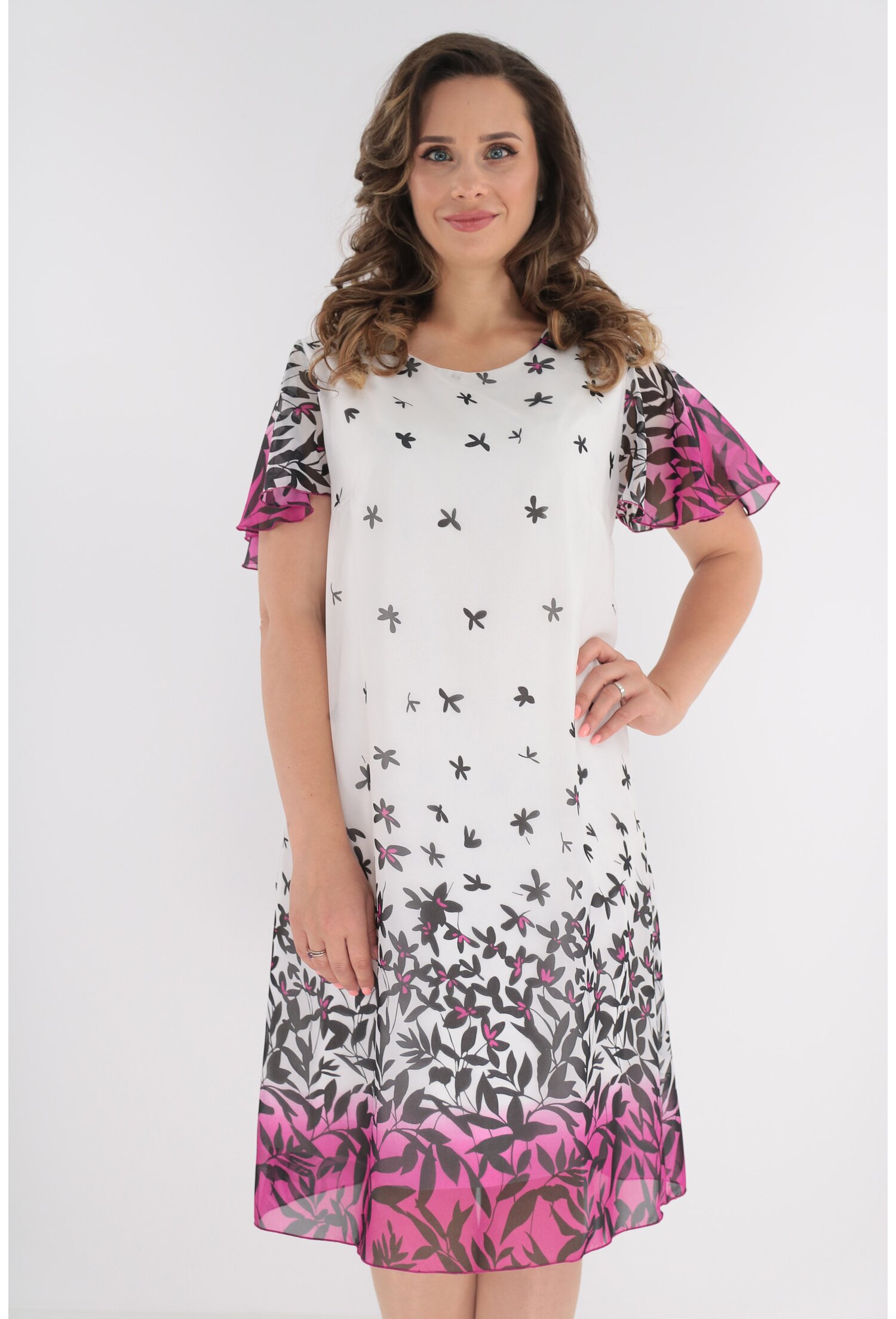 Rochie din voal alb cu bordura ciclamen