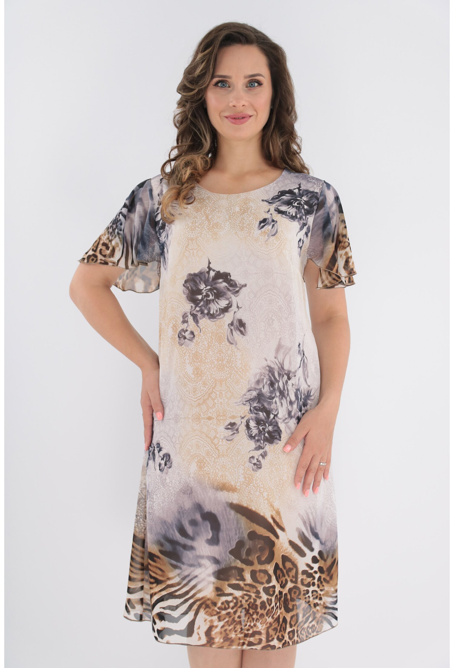 Rochie din voal bej cu tiv bordurat animal print