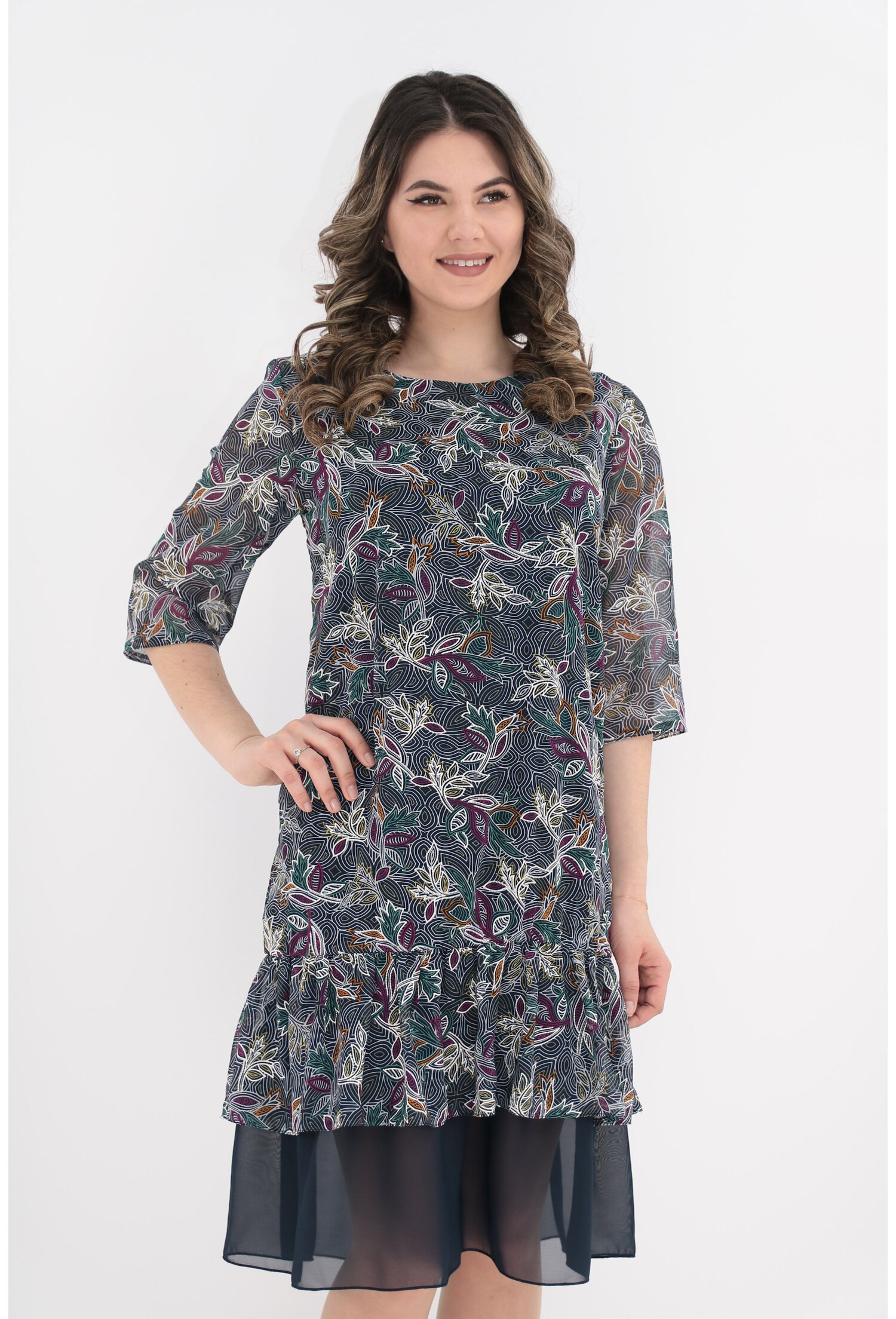 Rochie din voal bleumarin cu frunze multicolore