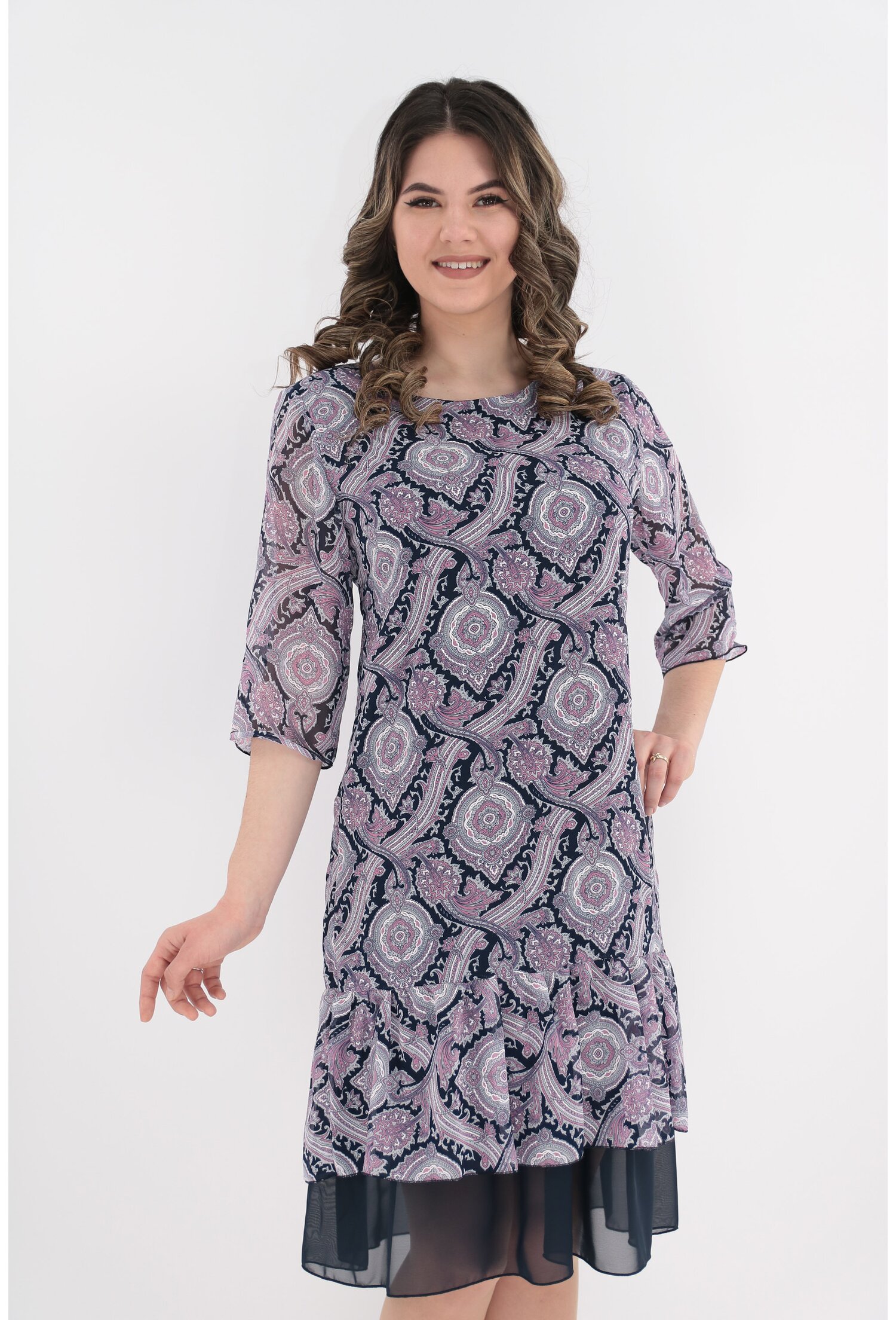 Rochie din voal bleumarin cu print abstract gri-roz