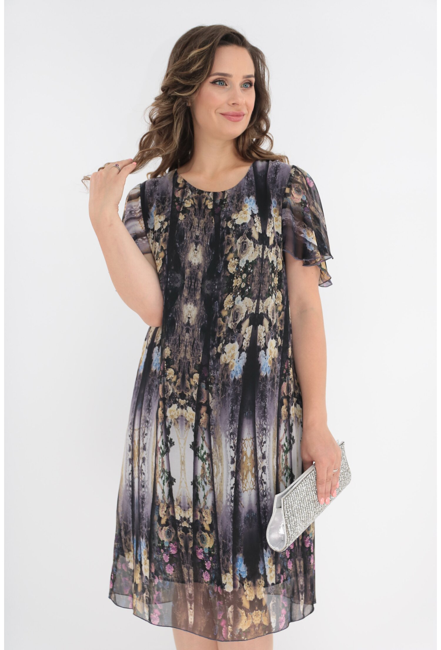 Rochie din voal gri cu print floral