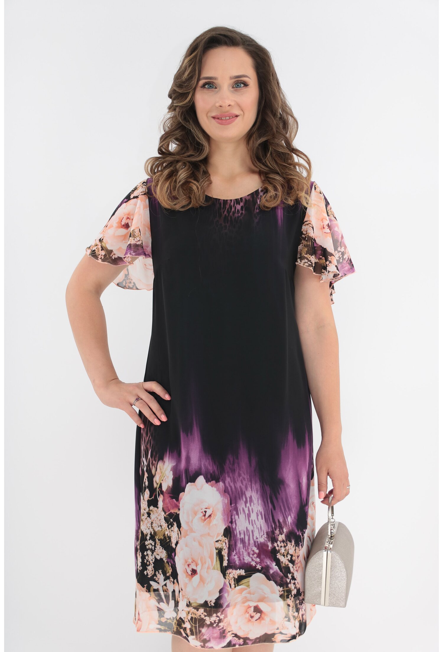 Rochie din voal negru cu print floral maxi roz si mov
