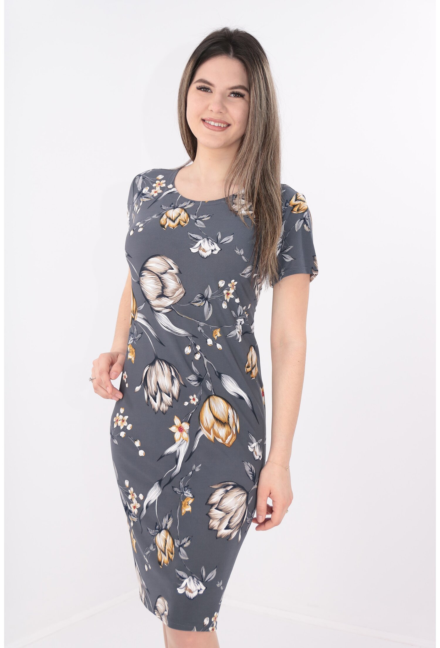 Rochie dreapta gri cu flori crem