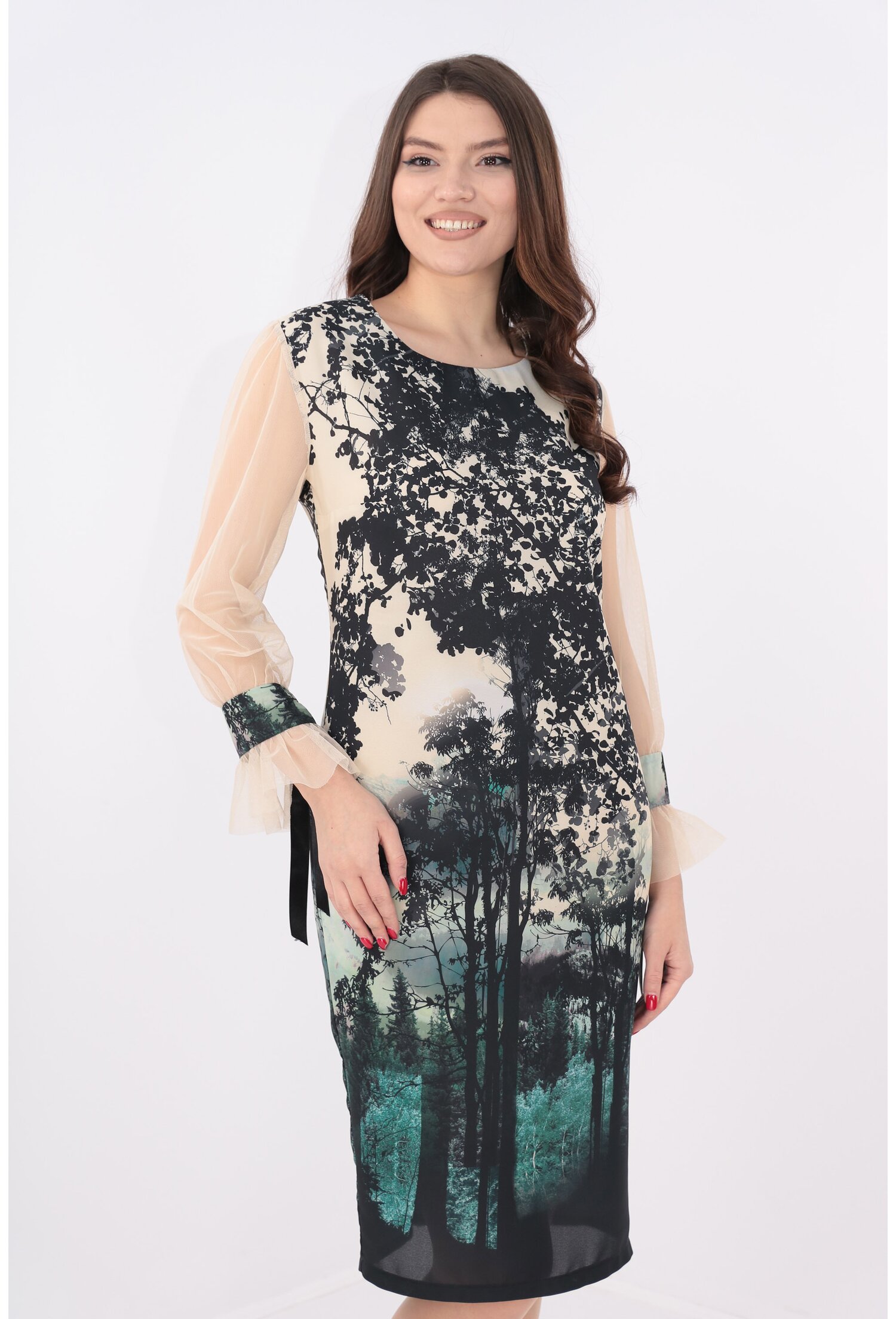Rochie eleganta crem cu print negru