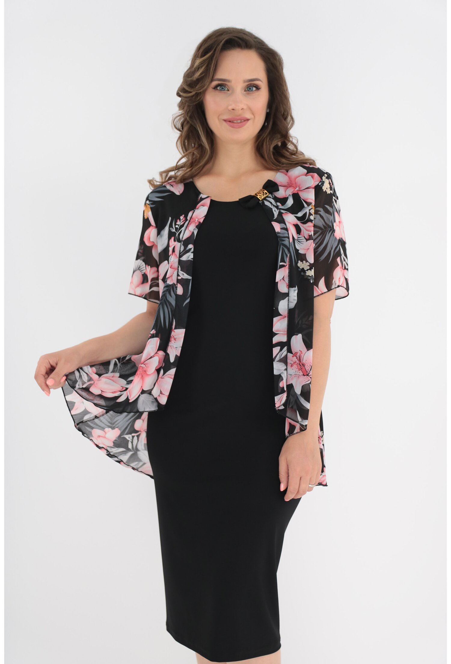 Rochie eleganta neagra cu blazer din voal aplicat