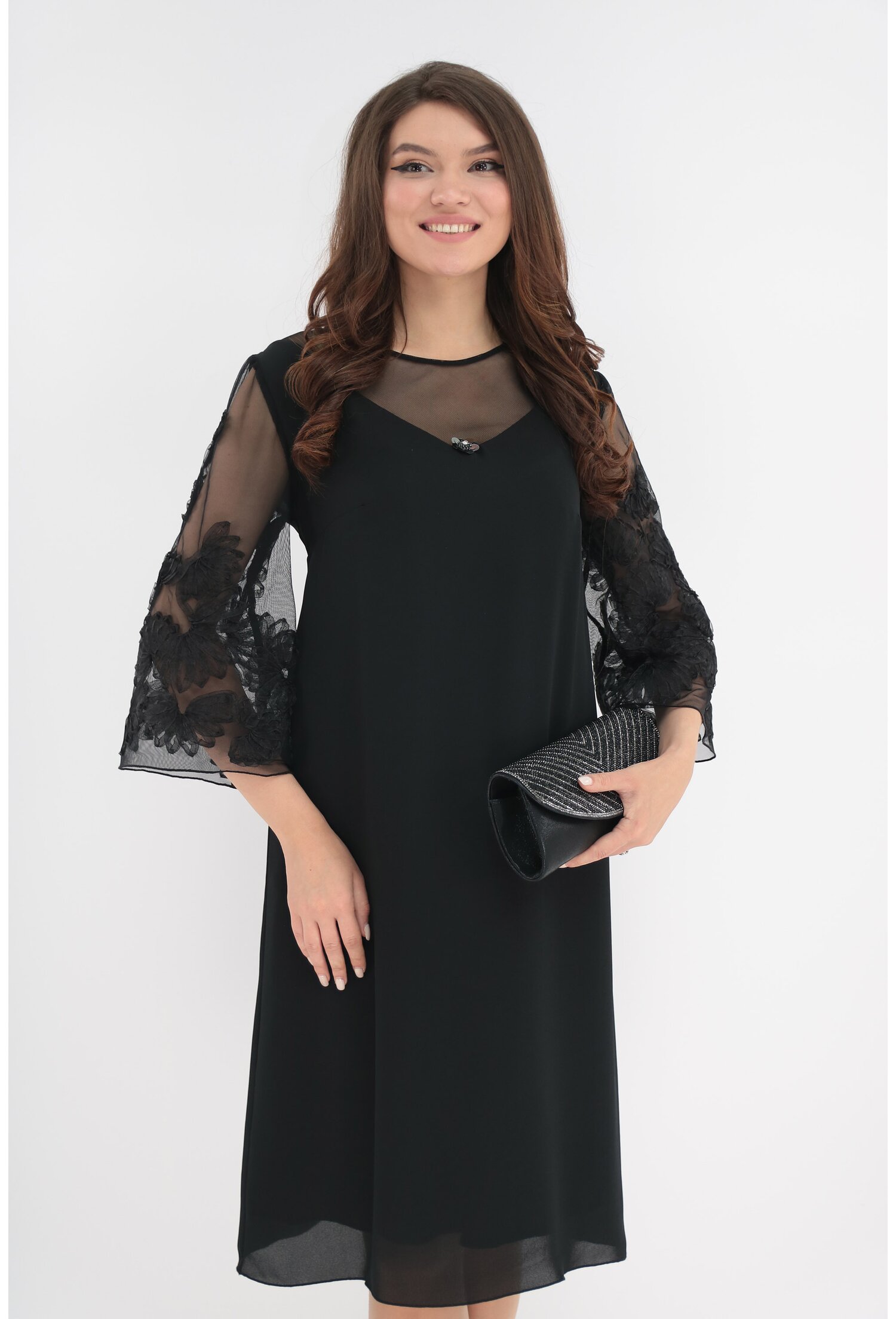 Rochie eleganta neagra cu maneci din dantela cu flori 3d