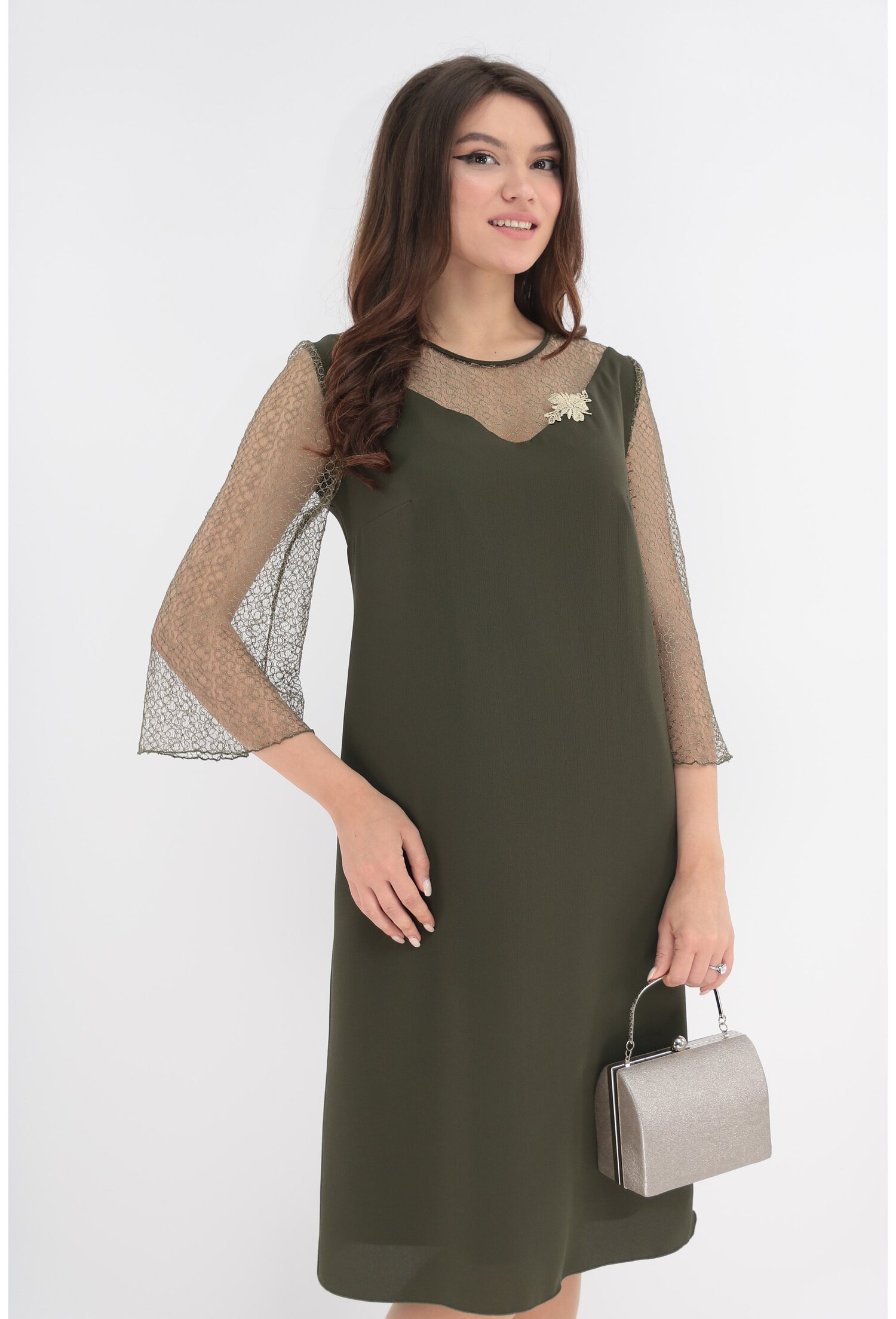 Rochie eleganta olive cu maneci din dantela fina