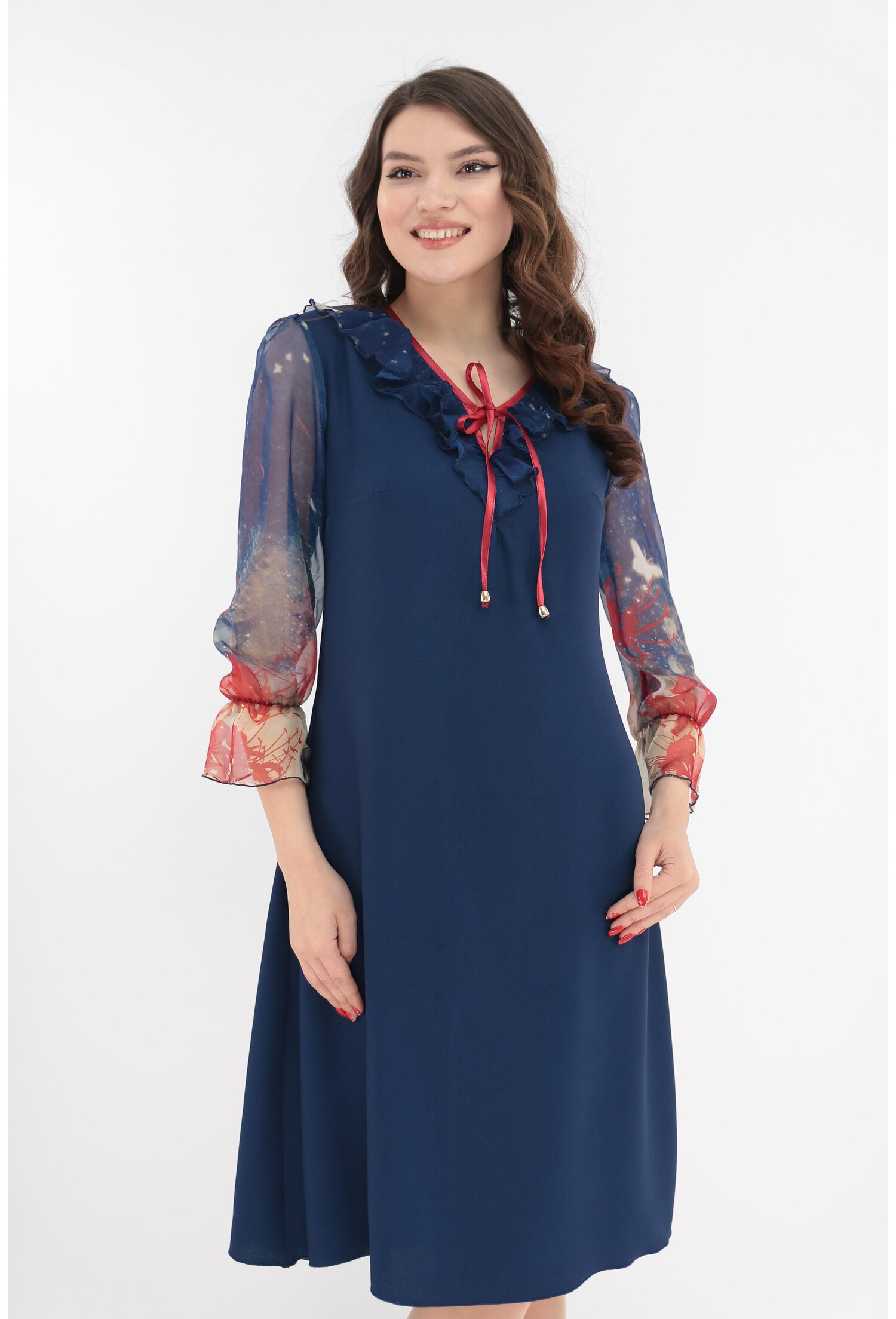 Rochie lejera bleumarin cu maneci din voal cu print rosu