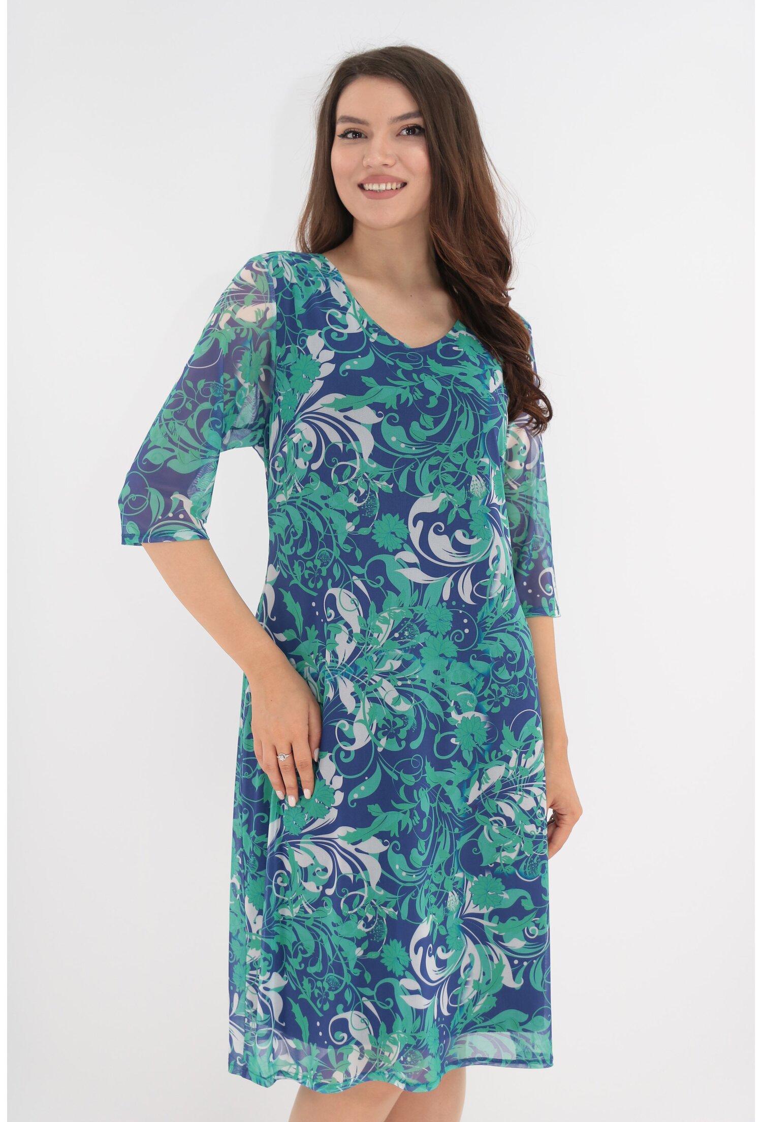 Rochie lejera bleumarin cu print floral verde
