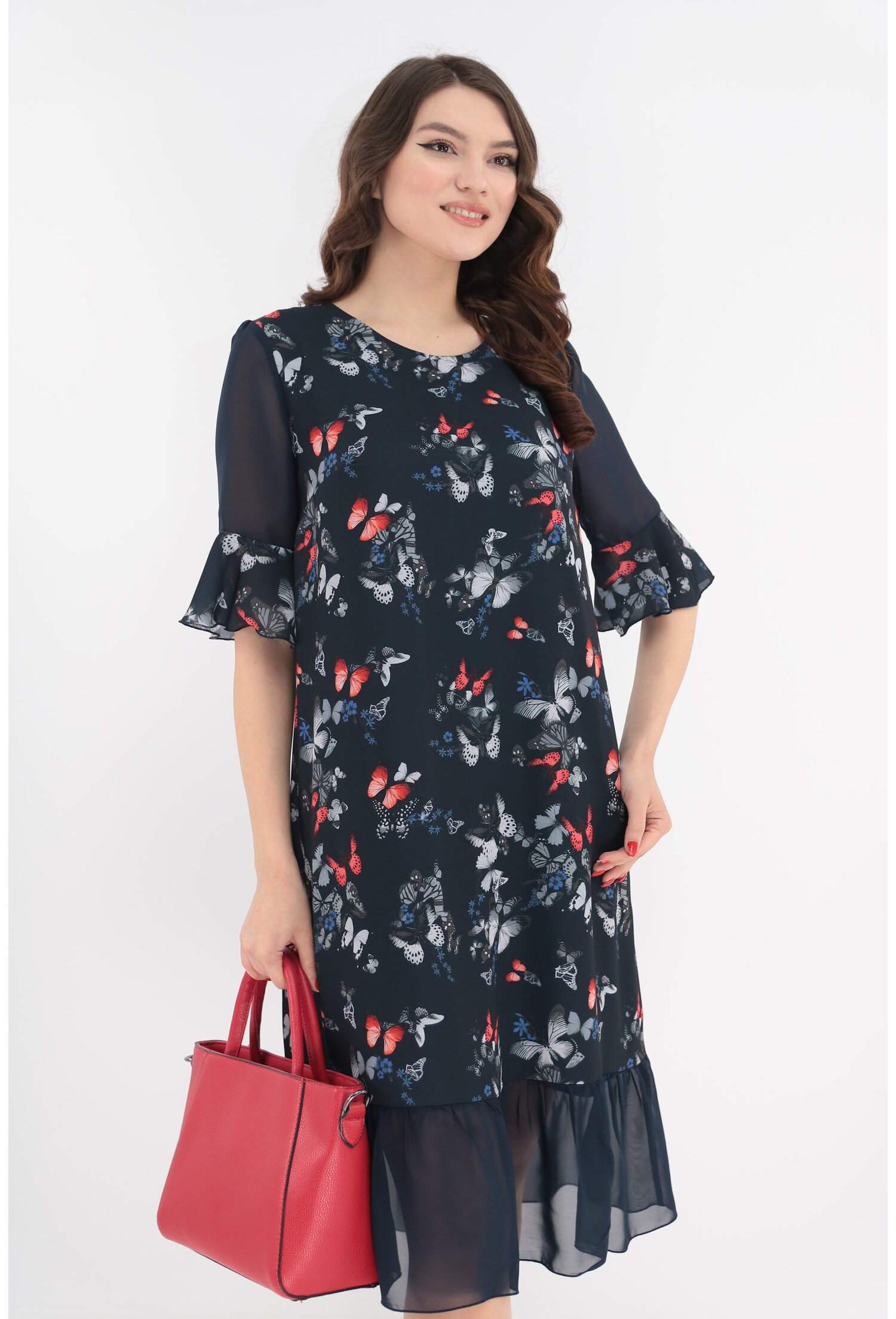 Rochie lejera bleumarin cu print rosu-gri si volanas la tiv