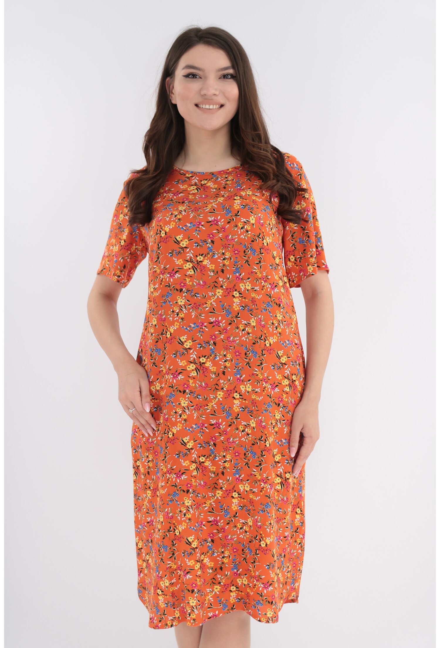 Rochie lejera din vascoza orange cu print floral