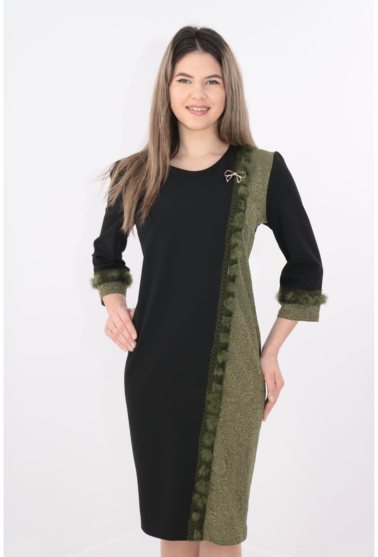 Rochie neagra cu brocard olive si blanita naturala