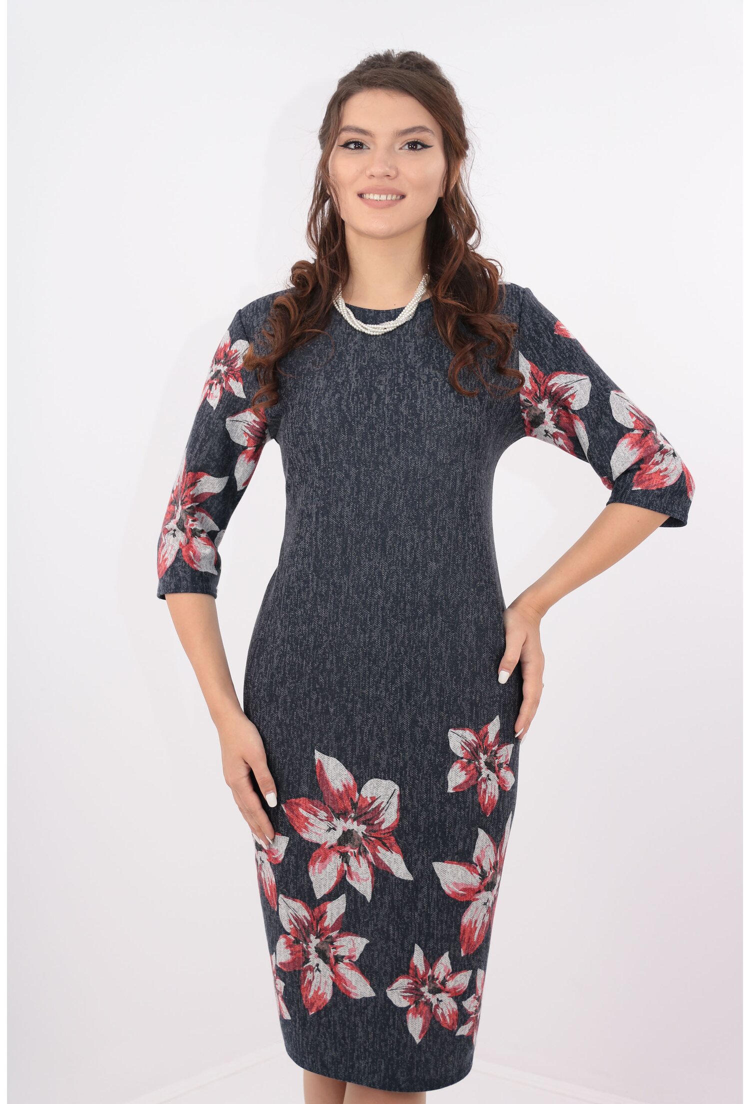 Rochie office bleumarin cu desen floral bordurat