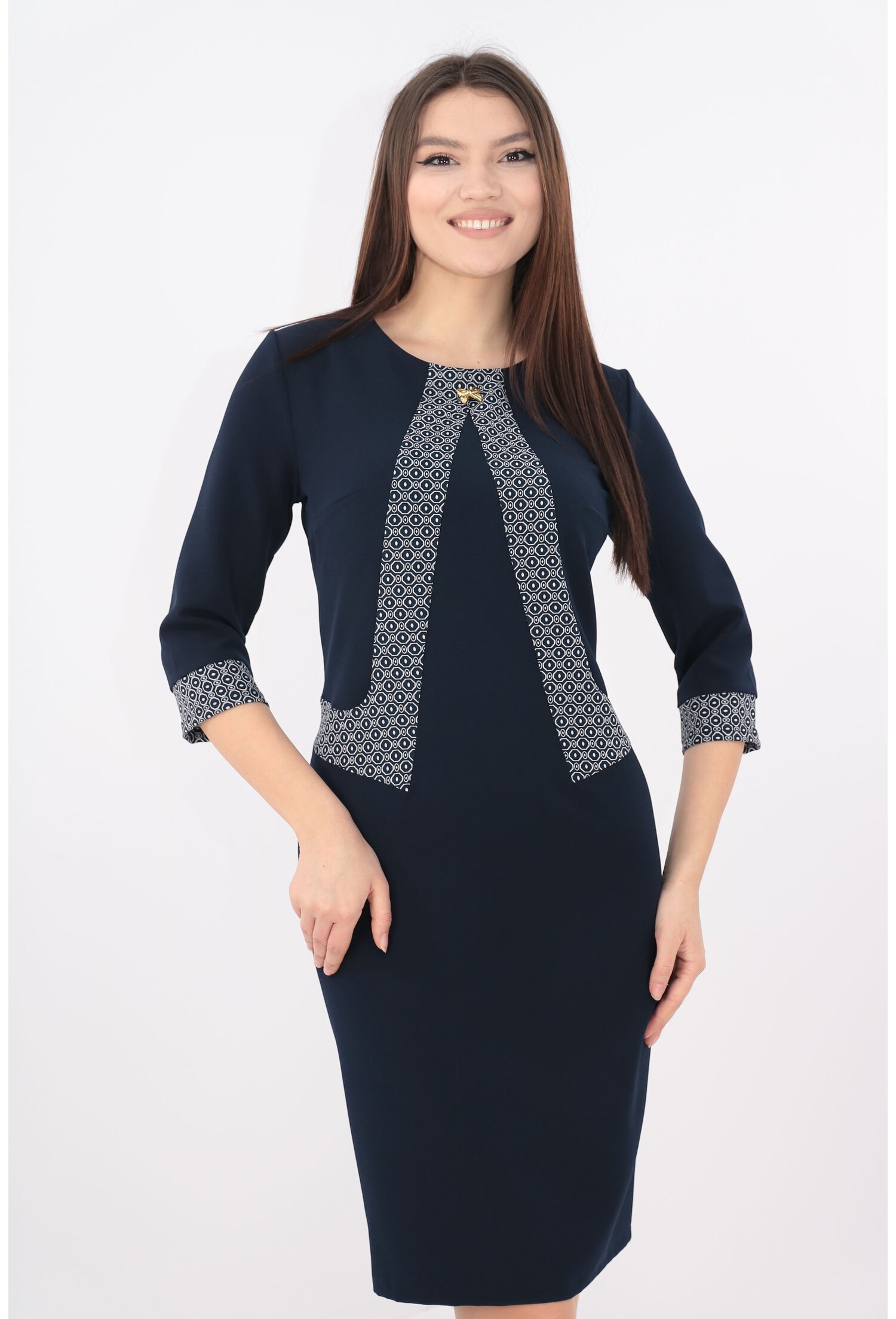 Rochie office bleumarin cu garnitura model abstract alb