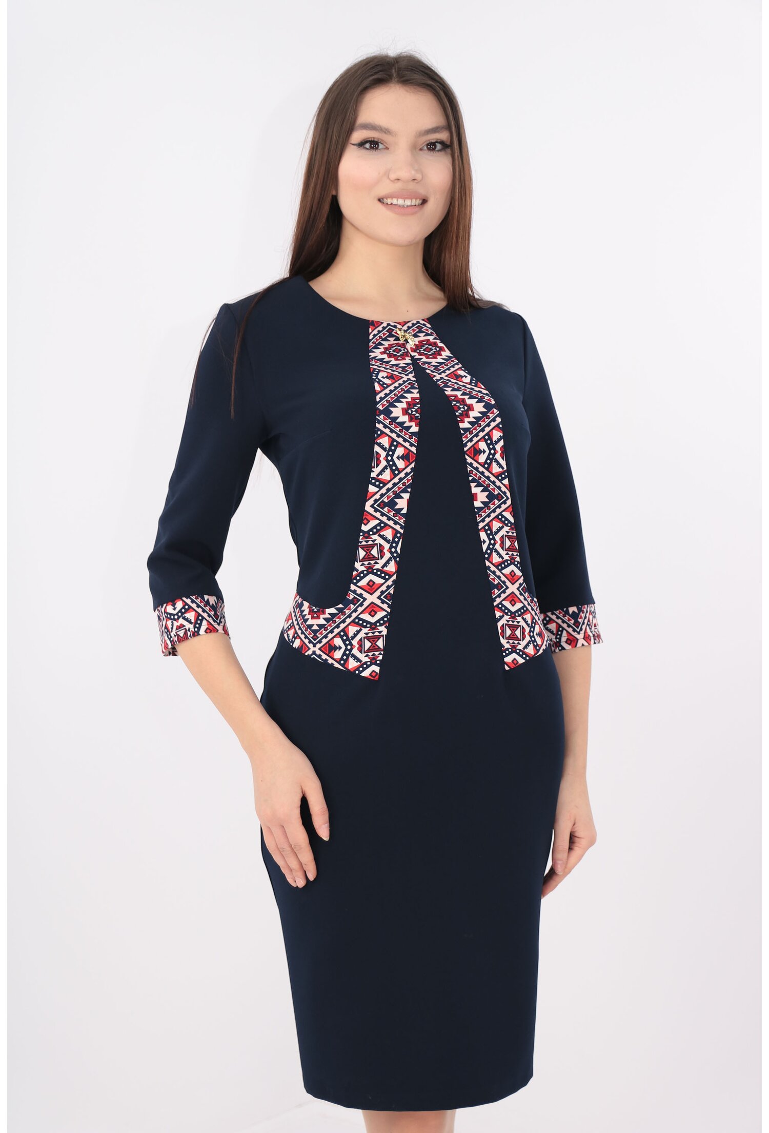 Rochie office bleumarin cu garnitura model geometric bordo