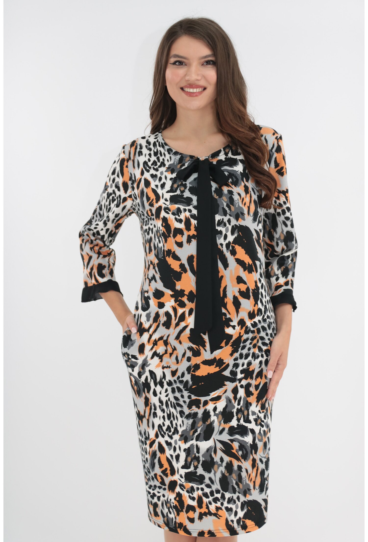 Rochie office cu animal print si esarfa neagra