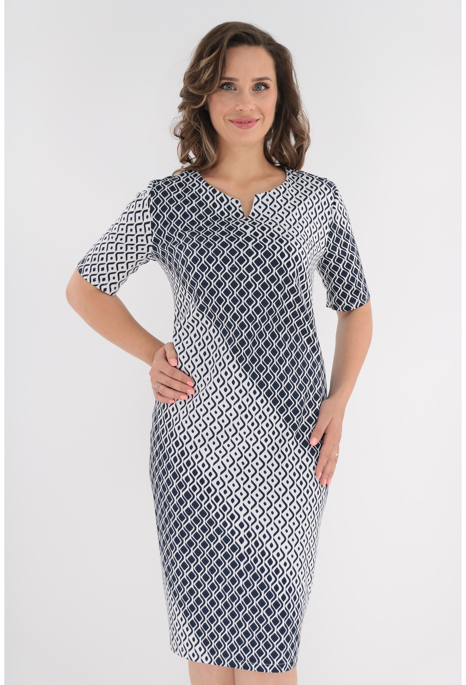 Rochie office din bumbac cu desen geometric bleumarin