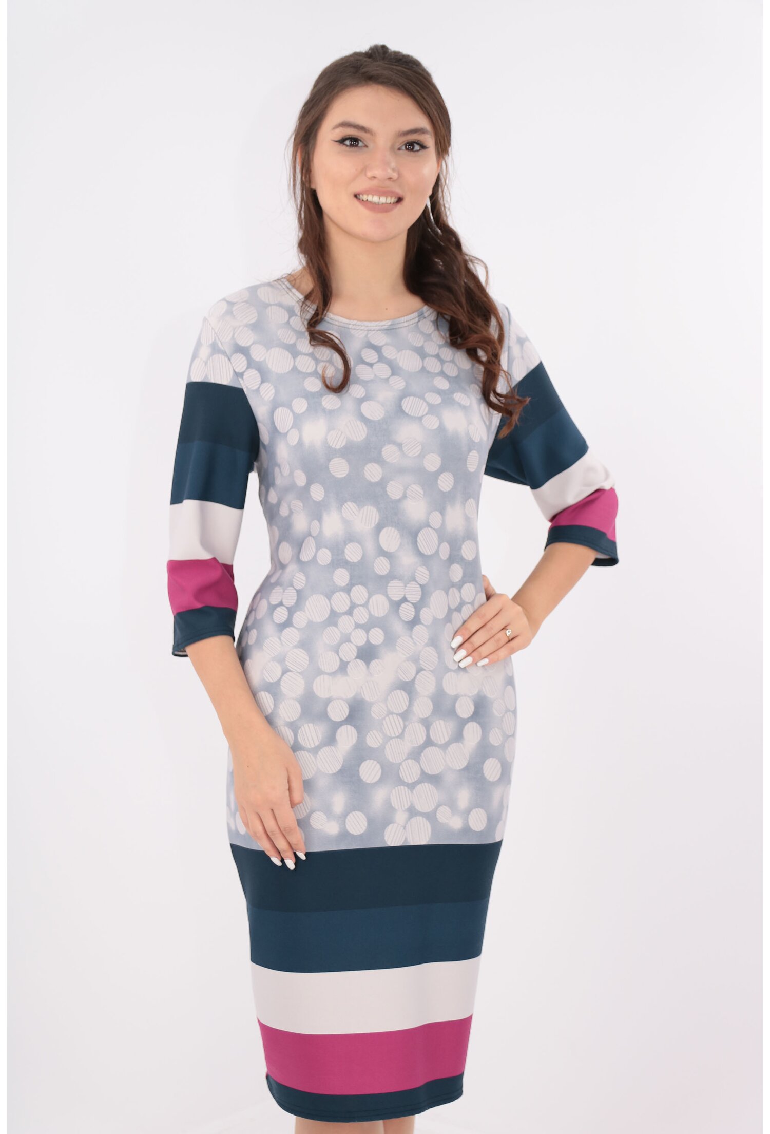 Rochie office gri cu buline si tiv bordurat