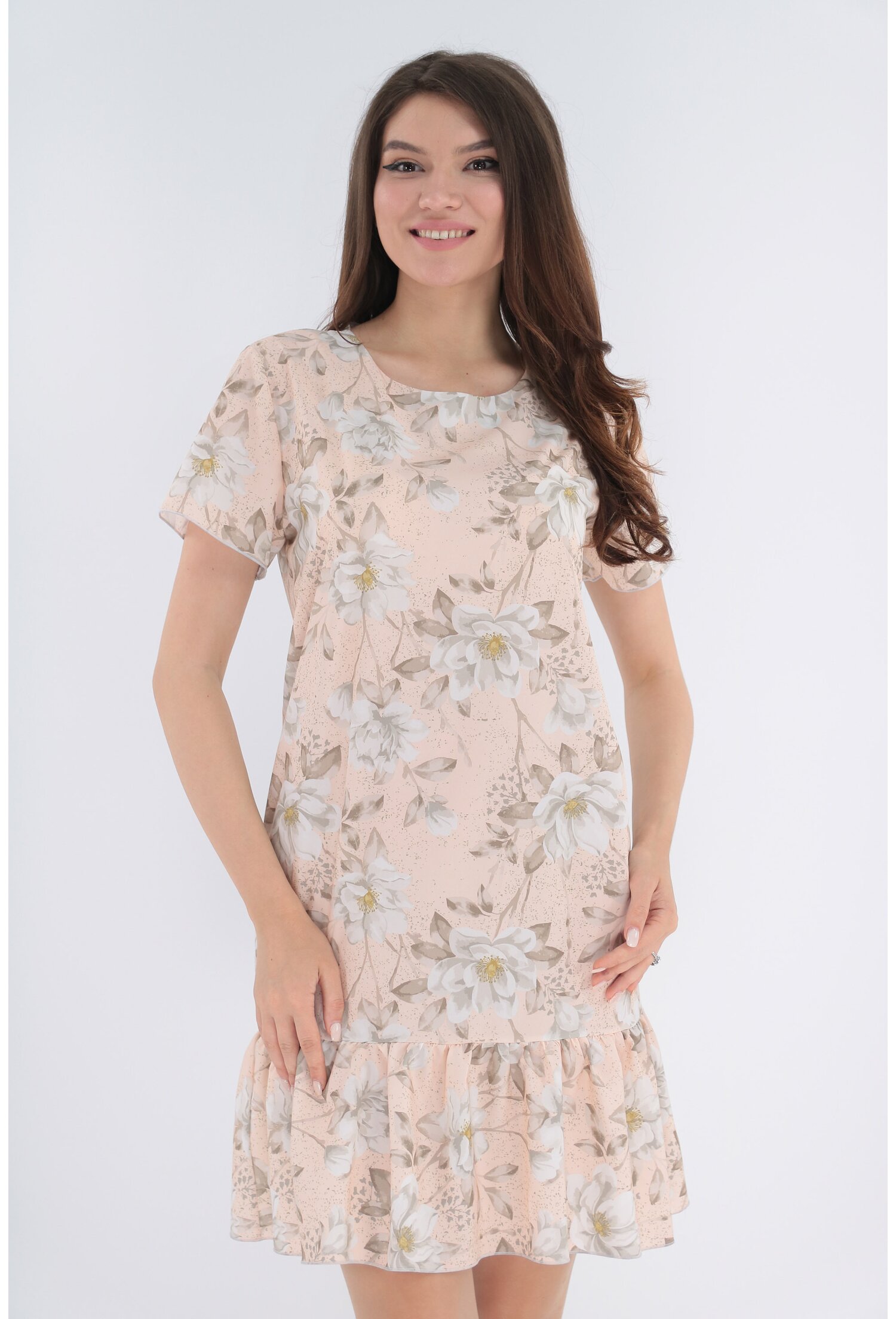 Rochie roz pudra cu print floral alb-gri