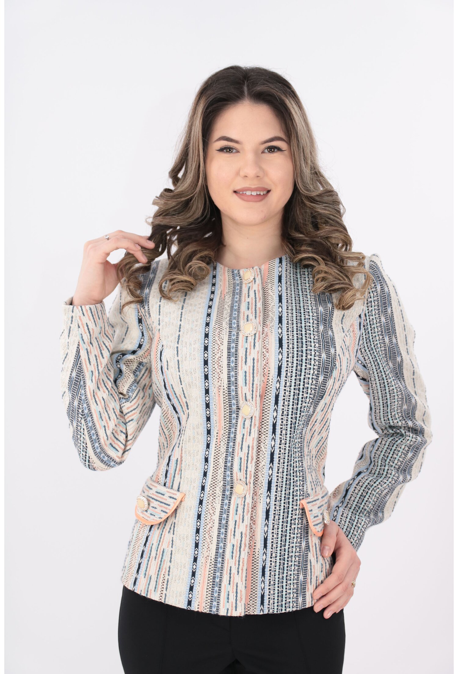 Sacou cu print geometric bleumarin-roz